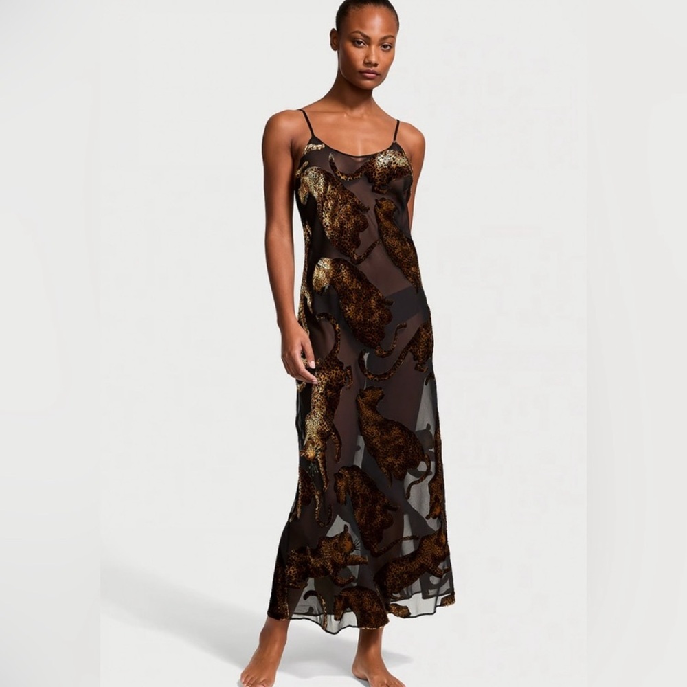 Victoria's Secret Black Sheer Slip with Gold Leopard Sequin Pattern